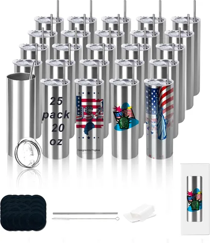 Miniatura 8 de Paquete de 25 vasos rectos de sublimación de 20 onzas con doble pared de acero inoxidable con popote de metal y tapa de plata para bancos mayoristas