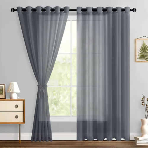 Miniatura 179 de Hiasan - Cortinas traslúcidas de gasa cortas semitransparentes con ojales y alzapaños filtrantes de luz para ventana, dormitorio, baño, 2 paneles