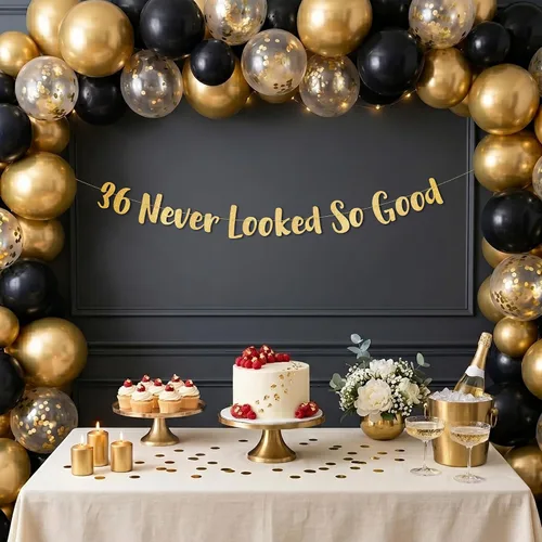 Miniatura 2 de Cartel dorado con purpurina del número 36 «Never Looked So Good» con purpurina preencordada – Decoraciones de cumpleaños 36 y aniversario
