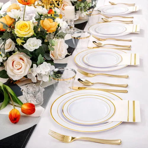 Miniatura 6 de NOCCUR 700 platos de plástico dorados, juego de vajilla desechable dorada para 100 personas, incluye 200 platos de cena/postre, 300 cubiertos, 100
