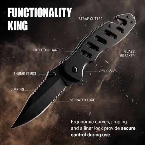 Miniatura 3 de Cuchillo táctico legal para hombres y mujeres - Hoja serrada de 2.68 pulgadas - Pequeños cuchillos de bolsillo negros con rompecristales y cortador