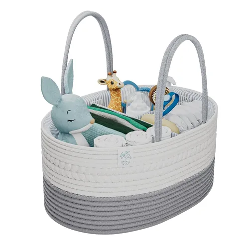 Miniatura 10 de KiddyCare Organizador de pañales tejido, canasta portátil multifuncional grande de color gris con asa, regalo de bebé para niño/niña, almacenamiento
