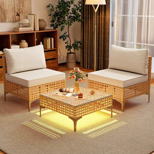 Miniatura 2 de YITAHOME Juego de muebles de mimbre para patio, sofá modular de 3 piezas para exteriores con mesa de luz solar, sofá para exteriores con cojines