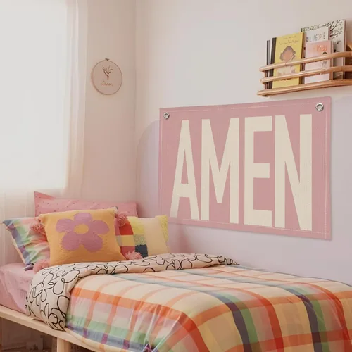 Miniatura 6 de Rosa "AMEN" Arte de Pared 20x30 Pulgadas - Decoración Cristiana Coquette, Colgante para Dormitorio de Niñas, Bandera de Oración de Lino, Letrero