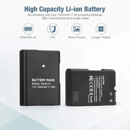 Miniatura 2 de EN-EL14 EN EL14A - Paquete de 2 baterías de iones de litio de 1500 mAh compatibles con Nikon D3100 D3200 D3300 D3400 D3500 D5100 D5200 D5300 D5500