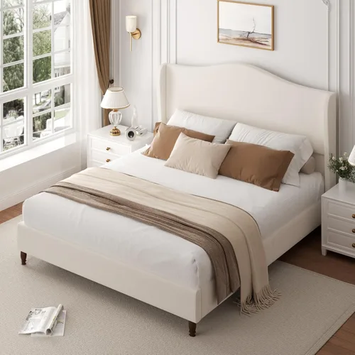 Miniatura 3 de Armazón de cama tamaño completo con cabecera de 51" de altura, marcos de cama de plataforma tapizados en chenilla con respaldo clásico curvado tipo