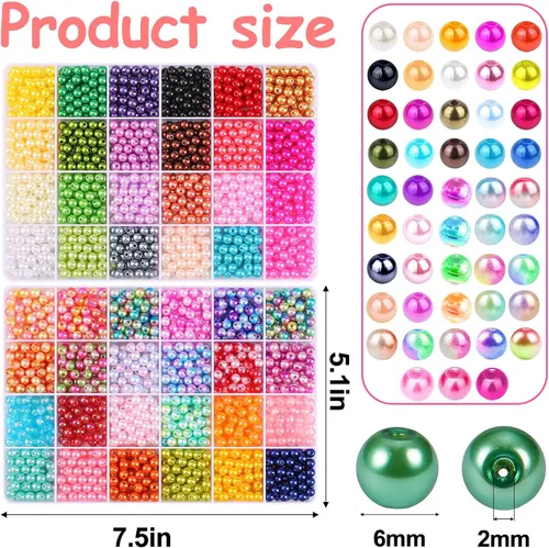 Miniatura 2 de 2400 cuentas de perlas para hacer joyas, 48 coloridas cuentas de perlas redondas de 6mm para kit de hacer pulseras, cuentas pequeñas de perlas