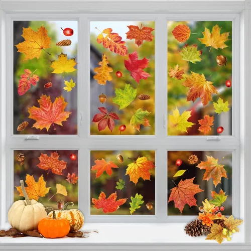 Miniatura 7 de YUJUN 6 hojas de calcomanías de ventana de otoño de Acción de Gracias, hojas de arce, conos de pino, calcomanías para ventana de vidrio de otoño