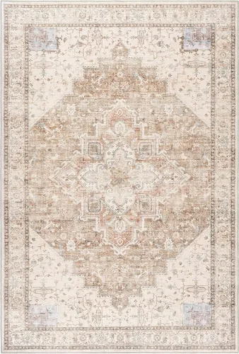 Miniatura 6 de Alfombra de área pequeña de 2x3 pies, antideslizante, neutra, persa lavable estilo casa de campo para entrada, para interiores, color beige tostado
