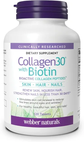 Webber Naturals Colágeno 30 con biotina, 2,500 mg de péptidos de colágeno bioactivos con 5,000 mcg de biotina por porción, 120 tabletas, para una