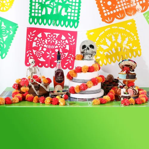 Miniatura 5 de Preboun Mantel de plástico mexicano y pancarta de papel picado mexicano, suministros de decoración de fiesta para mesas rectangulares, carnaval