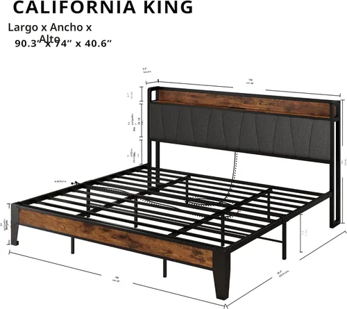 Miniatura 2 de LIKIMIO Base de cama California King, cabecera de almacenamiento con estación de carga, sólida y estable, sin ruido, no necesita somier, fácil