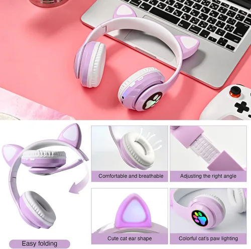 Miniatura 6 de Auriculares Bluetooth con cancelación de ruido para niños, auriculares plegables con forma de orejas de gato y luz LED, auriculares con orejas