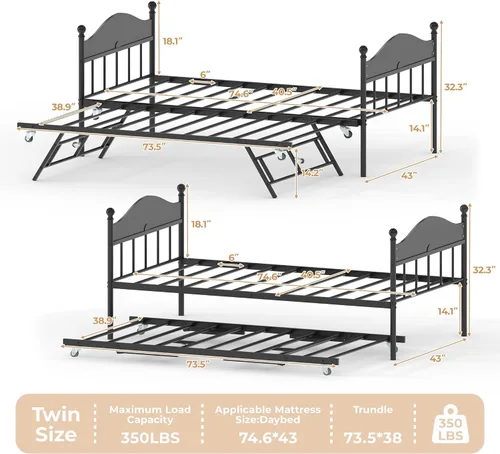 Miniatura 3 de IDEALHOUSE Sofá cama individual de metal con nido desplegable, cama de plataforma de listones de acero resistente con cabecera elegante, marco