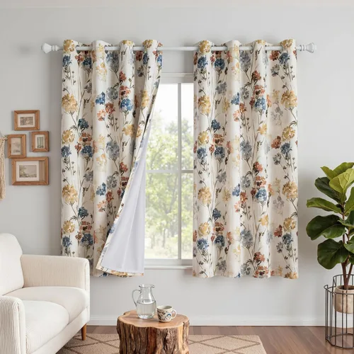 MYSKY HOME Cortinas florales de lino 100% opacas de 63 pulgadas de largo, 2 paneles para dormitorio, estilo casa de campo con patrón floral, doble