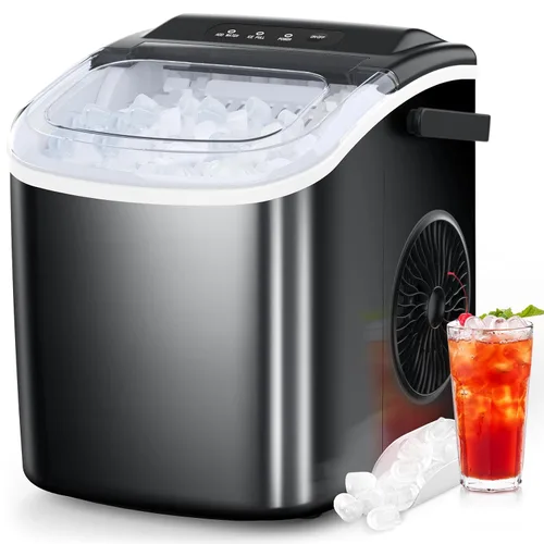 COWSAR Máquina de hielo de encimera, máquina de hielo portátil con autolimpieza, 26.5 libras/24 horas, 9 cubos de hielo tipo bala en 6 minutos,