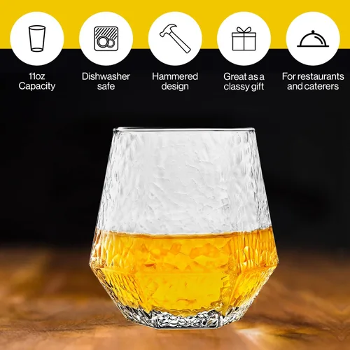 Miniatura 5 de Vasos de diamante – Juego de 6 copas de vino sin tallo – Diseño geométrico inclinado – Vasos de whisky rodantes – Copa de vino