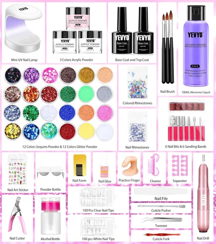 Miniatura 2 de Juego de uñas acrílicas con taladro y luz UV, juego de uñas para principiantes con todo incluido, set de 24 polvos acrílicos de brillo con monómero