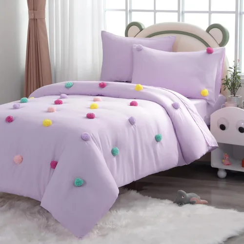 Miniatura 2 de HOMBYS - Juego de colcha con pompones para niñas, 5 piezas, estilo bohemio, para todas las estaciones, tamaño individual/individual XL, color púrpura