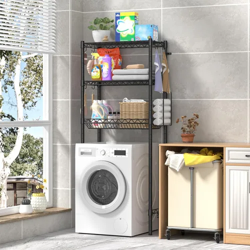 Miniatura 7 de Hodonas Estante de almacenamiento sobre el inodoro, organizador de baño ajustable con soporte para papel higiénico y 8 ganchos, 3 niveles de metal