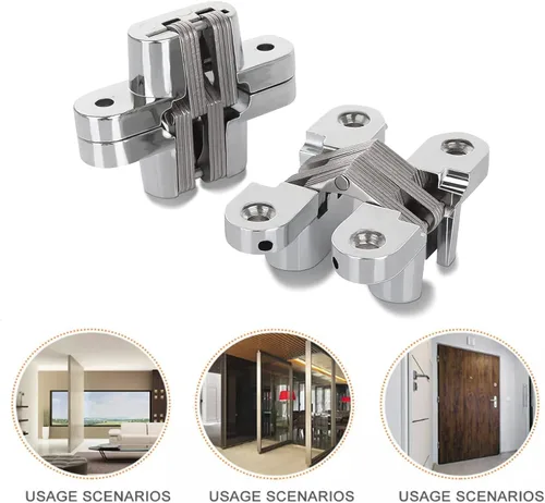 Miniatura 6 de Paquete de 2 bisagras ocultas invisibles de 1.77 pulgadas, bisagras cruzadas ocultas invisibles de 180 grados para puerta, cruz de aleación de zinc