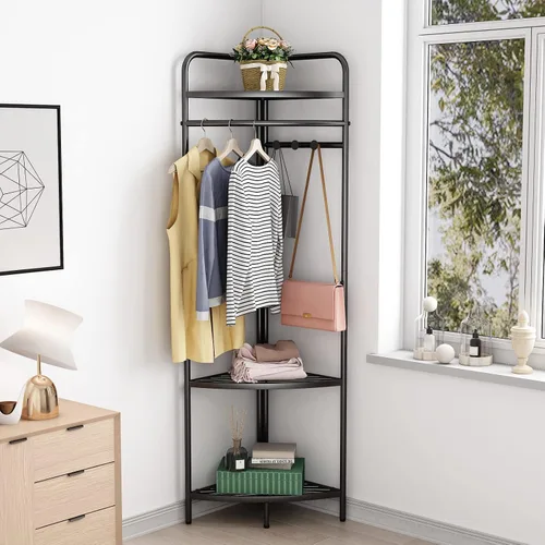 Miniatura 6 de DOORXIFO Percheros de ropa negros de esquina independientes, percheros de metal negros con ganchos, perchero de ropa resistente moderno con 3