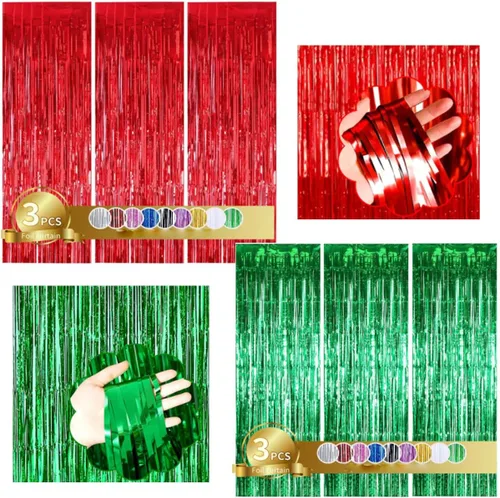 Miniatura 6 de Paquete de 6 cortinas de flecos de aluminio, decoración de fiesta de Navidad, cortinas brillantes metálicas rojas y verdes, 3.28 x 8.2 pies