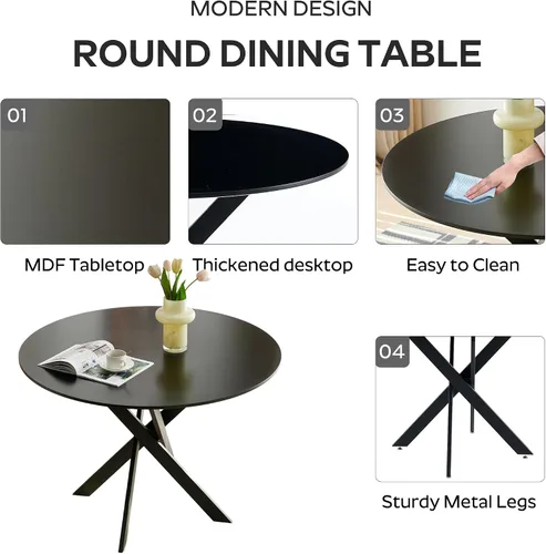 Miniatura 7 de Juego de mesa de comedor de madera para 2, mesa de cocina redonda de 36 pulgadas con 2 sillas de comedor Boucle, mesa de MDF con patas de metal
