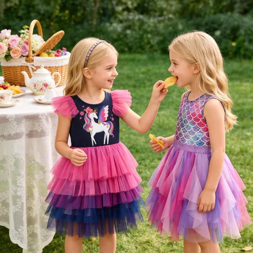 Miniatura 2 de DXTON Toddler Girls Tutu Dress: Cotton Bodice Layered Tulle Skirt, Mermaid Sparkle Birthday Party Dress for Kids 3–8 Years