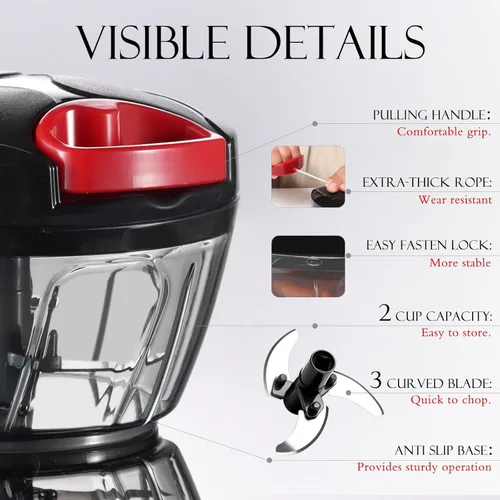Miniatura 3 de Ourokhome Procesado manual de alimentos, picador de verduras portátil, rápido y con cuerda, para pequeñas cocinas, para ajo, cebolla, jengibre