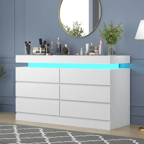 Miniatura 8 de Gyfimoie Cómoda de 6 cajones con toma de corriente, Cómoda con luz LED, Cajonera moderna para armario, Organizador de cajones doble ancho para Blanco