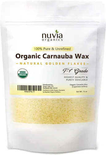 Nuvia Organics Cera de carnauba certificada por USDA, 100% vegana, ideal para cosméticos de bricolaje, grado alimenticio, varios usos, 16 onzas