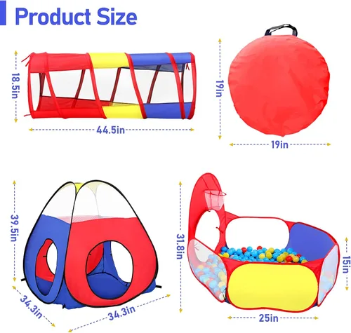 Miniatura 3 de PigPigPen Tienda de campaña 3 en 1 para niños con túnel de juego, pozo de bolas, aro de baloncesto para niños y niñas, juguete de casa