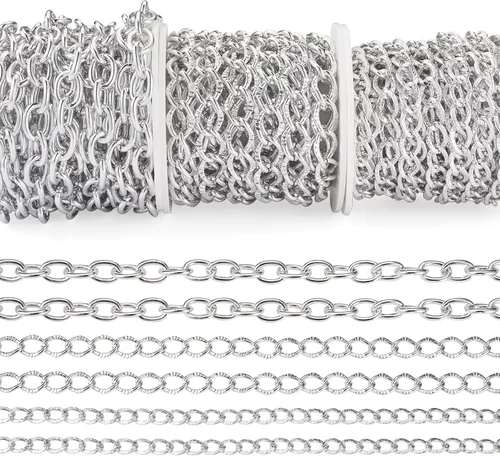 Miniatura 15 de FASHEWELRY Cadena de eslabones de aluminio de 16.4 pies sin soldar, rollo de cadenas de eslabones dorados con carrete para hacer collares, joyas