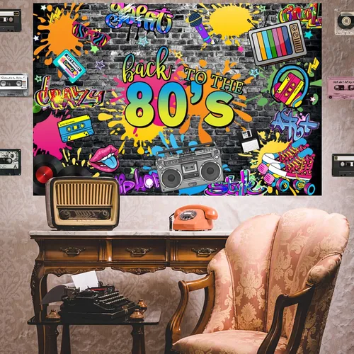Miniatura 6 de Telón de fondo de fiesta de regreso a los 80 de 5 x 3 pies con grafiti colorido para fotografía de pared, música retro, rock, punk para fiesta