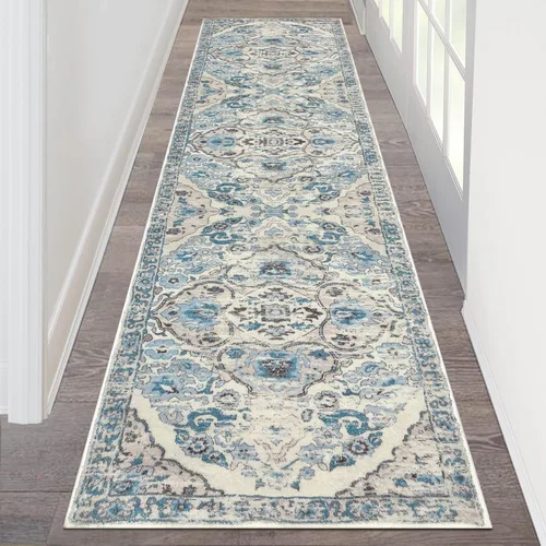 HEBE - Alfombra de pasillo de 2 x 8 pies, lavable, vintage, envejecida, antideslizante, alfombra de lavandería, alfombra bohemia para pasillos, Azul