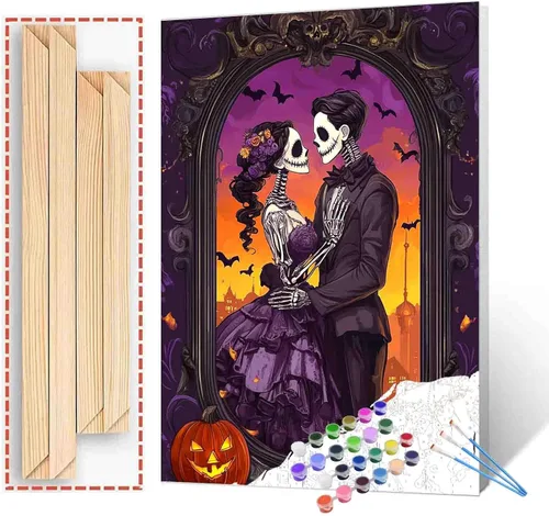 Miniatura 35 de Pintura por números para parejas tomadas de la mano, para adultos, principiantes, Día de los Muertos, Esqueleto, Pintura por números sobre lienzo