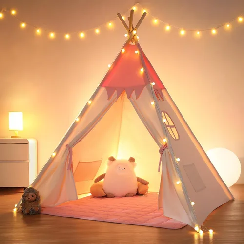 Miniatura 12 de besrey - Tienda de campaña tipi para niños con luz y alfombra, tienda de campaña para jugar en interiores, casa de juegos, tienda tipi de algodón