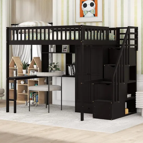 Miniatura 19 de Quarte Cama tipo loft única con cajones de almacenamiento y escaleras, cama alta de madera tamaño individual con estantes y barandillas, para niños