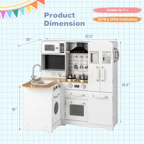 Miniatura 7 de OLAKIDS Juego de cocina de esquina para niños, cocina de madera para niños pequeños con teléfono, microondas, refrigerador, dispensador de agua