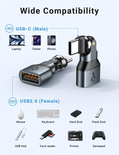 Miniatura 3 de Adaptador USB C a USB 2.0 de 90 grados (paquete de 2), USB-A 2.0 hembra a USB-C macho adaptador OTG de ángulo recto compatible con MacBook Pro