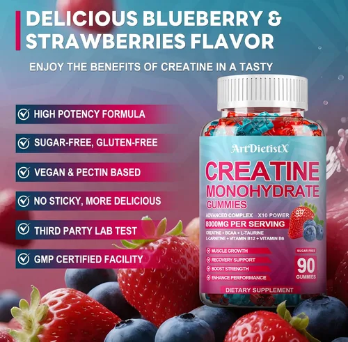 Miniatura 3 de Gomitas de monohidrato de creatina de 8000 mg con BCAA, L-carnitina, taurina y vitamina B12, suplemento preentrenamiento para crecimiento muscular