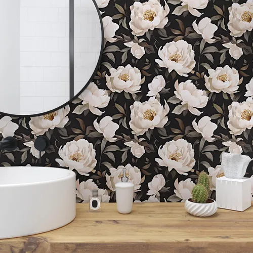 Miniatura 6 de Papel tapiz floral para despegar y pegar, papel de contacto negro/beige, flores de peonía grandes de 17.5 x 118 pulgadas, papel mural vintage