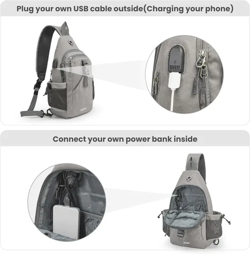 Miniatura 4 de G4Free - Mochila de lona con asa cruzada y puerto de carga USB con bloqueo RFID, mochila de pecho para senderismo, mochila de día para hombres y Gris