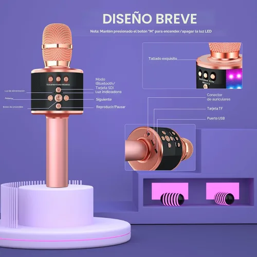 Miniatura 4 de BONAOK Micrófono de karaoke para niños y adultos, micrófonos Bluetooth, micrófono para cantar con luces de discoteca, efecto eco, altavoz integrado