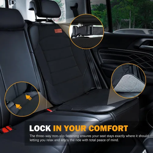 Miniatura 4 de Siivton Protector de asiento de automóvil para asiento infantil para asientos de cuero y tela, 2 bolsillos de malla, respaldo antideslizante, Negro