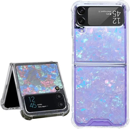 Miniatura 25 de Abbery Funda transparente para Samsung Galaxy Z Flip 3 5G, transparente y con diseño de purpurina bonita con purpurina floral prensada de Rosa