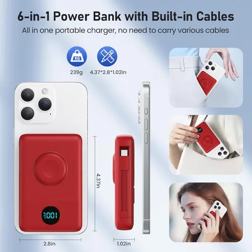 Miniatura 9 de Cargador portátil magnético para MagSafe con cable integrado, cargador para iWatch, banco de energía inalámbrico de 10800mAh, artículos esenciales