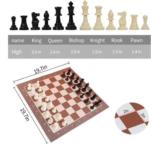 Miniatura 5 de Juego de ajedrez portátil marrón y blanco, alfombra de ajedrez de tela plegable de 19.7 x 19.7 pulgadas con piezas estilo Staunton de 3 pulgadas