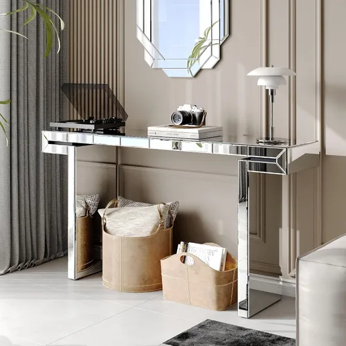Miniatura 13 de Mesa Consola Negra con Espejo, Mesa de Sofá de Cristal Rectangular de 48 pulgadas con Elementos Tallados Vintage con Espejo, Muebles de Espejo